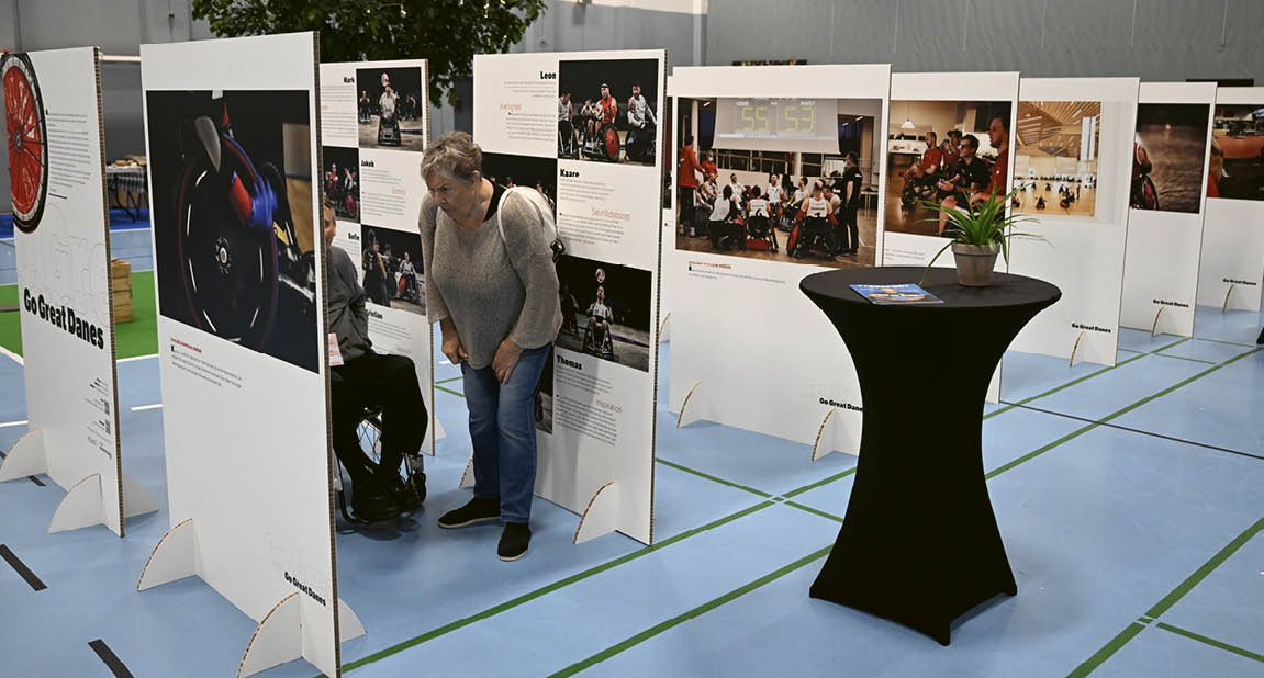 A woman is looking at a display of photos. Description generated by AI